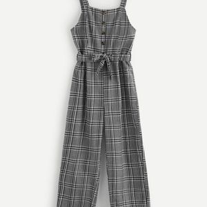 Buttoned plaid jumpsuit & adjusted straps w/ belt